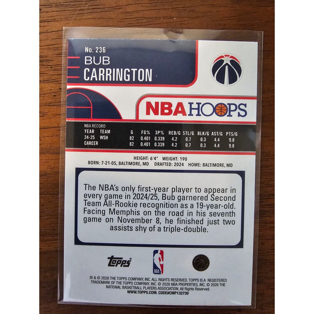 Bub Carrington - 2025-2026 Topps NBA Hoops #236 - Pixel Burst - Wizards - NBA - Picture 2 of 3